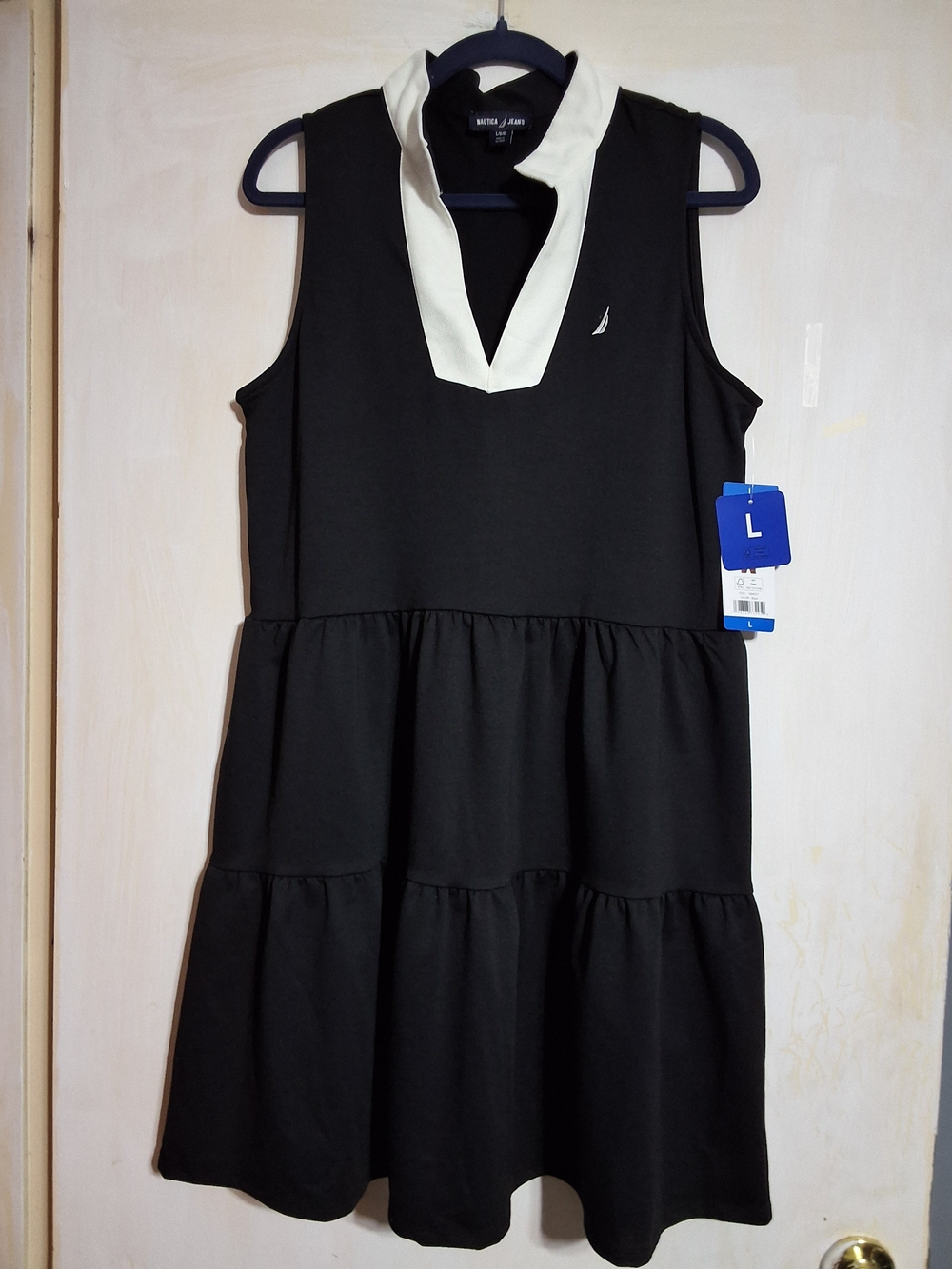 Nautica Black Tiered Sleeveless Dress with Cream V-Collar